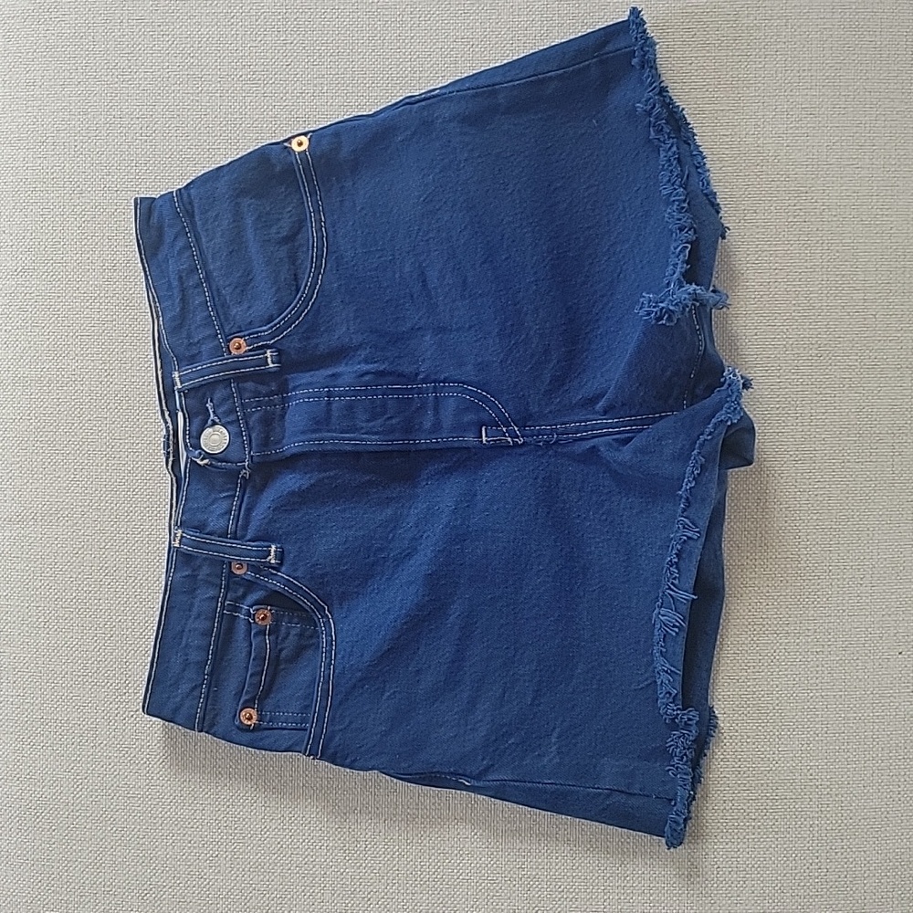 High Rise Levi's Ribcage Denim Jean Shorts Western Blue Distressed cut Off 25